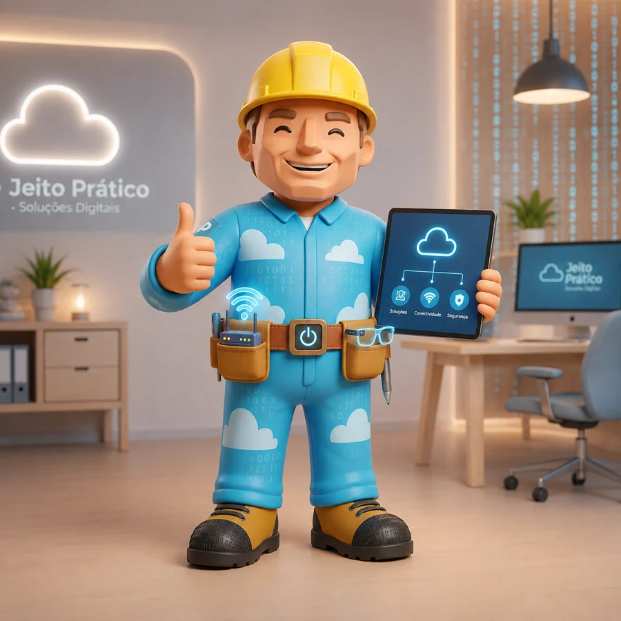 Mascote da Jeito Prático apresentando um tablet